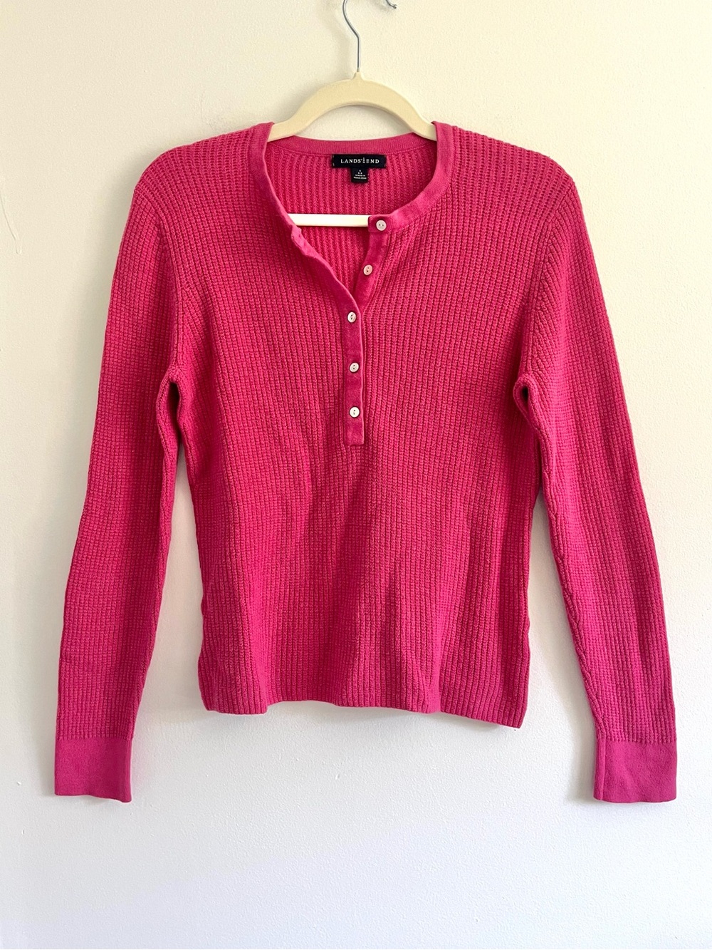 Lands End Cashmere Cotton Women's Hot Pink Waffle-Knit Henley Sweater Barbiecore